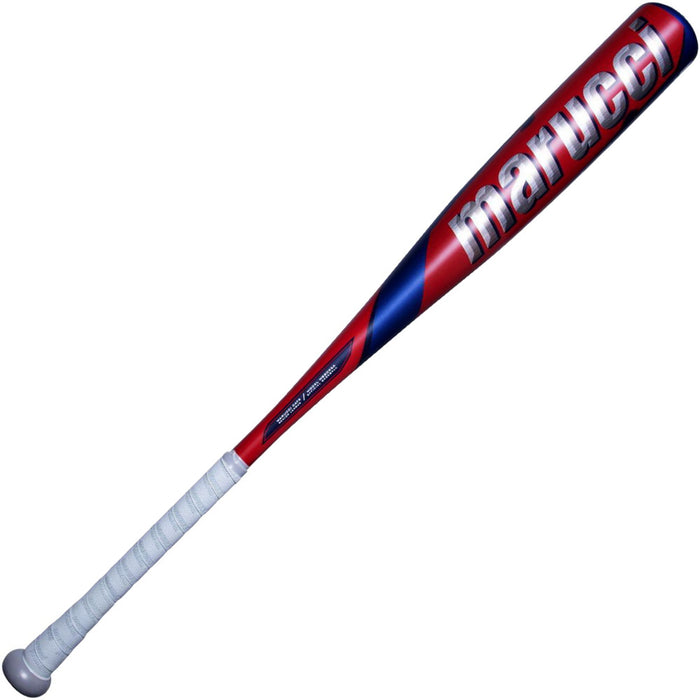 A red, white, and blue 2021 Marucci CAT9 Pastime (-5) 2 3/4" USSSA bat (USED) with a white grip, large marucci branding on the barrel, and made from durable AZR alloy for superior performance.