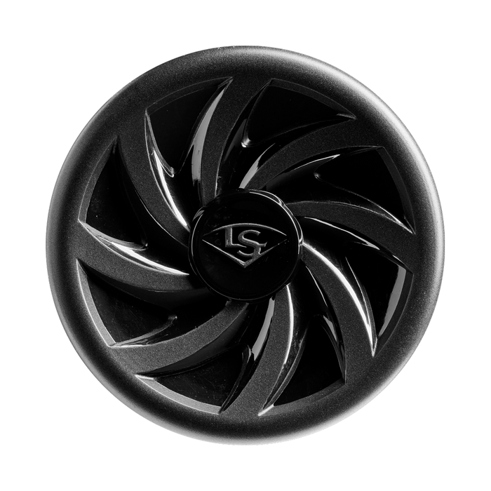 A black, circular design element with a swirling, blade-like motif and a raised center displaying the iconic LS initials—representing the Louisville Slugger brand—features prominently on the 2026 Louisville Slugger Savannah Bananas (-12.5) 2 1/4″ USA T-Ball Baseball Bat (WBL4005010), shown against a white background.