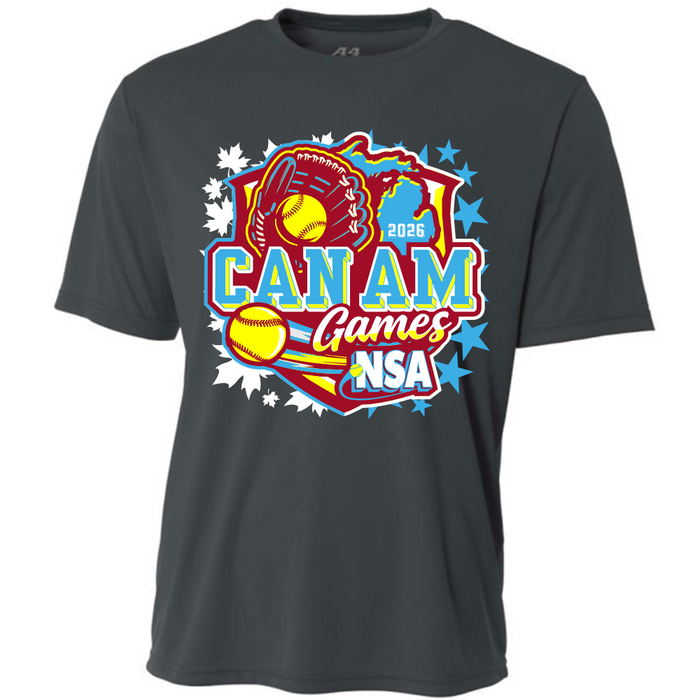 The DSG Apparel 2026 NSA Can-Am Games Fastpitch Tournament Shirt in dark gray showcases a vibrant design with softballs, glove, maple leaves & stars. Pre-order this perfect NSA tournament shirt today!.