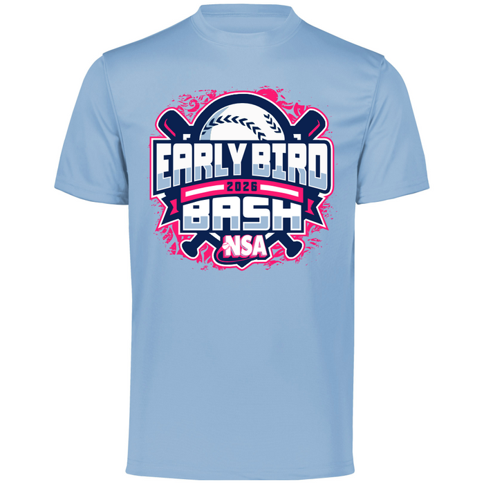 Show your support with the DSG Apparel 2026 NSA Early Bird Bash Fastpitch Tournament Shirt! This light blue tee features a baseball graphic, crossed bats, and bold red, white & blue lettering on the front. Pre-order your tournament shirt today!.