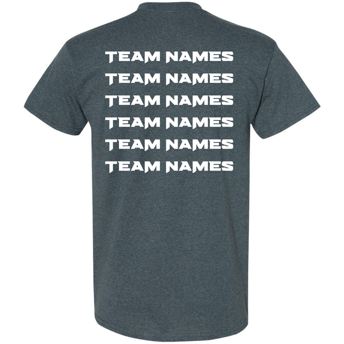 Dark gray 2026 NSA Fall Fury Fastpitch Tournament Shirt by DSG Apparel, featuring the words TEAM NAMES repeated six times in bold, white, uppercase letters on the back. Perfect as a pre-order tournament shirt and a must-have piece of NSA apparel for your team.