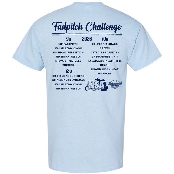 The 2026 NSA Fastpitch Challenge Fastpitch Tournament Shirt by DSG Apparel comes in light blue and features "Fastpitch Challenge" on the back. Team names are displayed below, organized under 9U, 10U, and 12U age groups for the 2026 season. The official NSA logo is placed near the bottom right, marking this shirt as an authentic piece of NSA apparel.