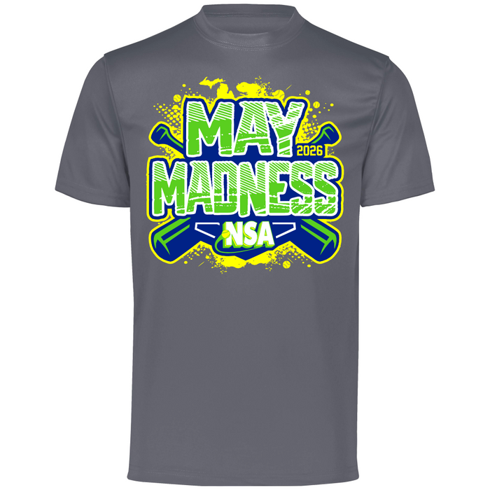 The DSG Apparel 2026 NSA May Madness Fastpitch Tournament Shirt features a gray base with vibrant green, blue, and white graphics, crossed bats, and yellow splatter—ideal for tournament wear or as a pre-order shirt.