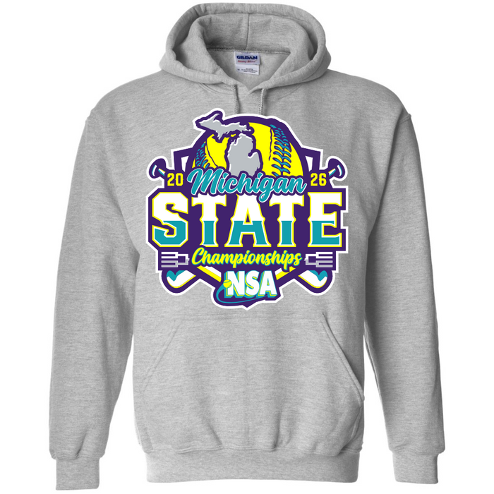 The DSG Apparel 2026 NSA Michigan State Championships Fastpitch Tournament Shirt & Hoodie in grey features vibrant softball-themed graphics—ideal as official tournament apparel or fan gear.