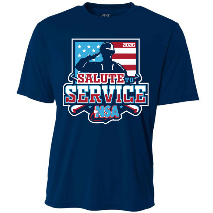 Pre-order the 2026 NSA Salute to Service Fastpitch Tournament Shirt by DSG Apparel, featuring a blue design with a saluting soldier silhouette over an American flag and bold tournament text—exclusive NSA Fastpitch Apparel.