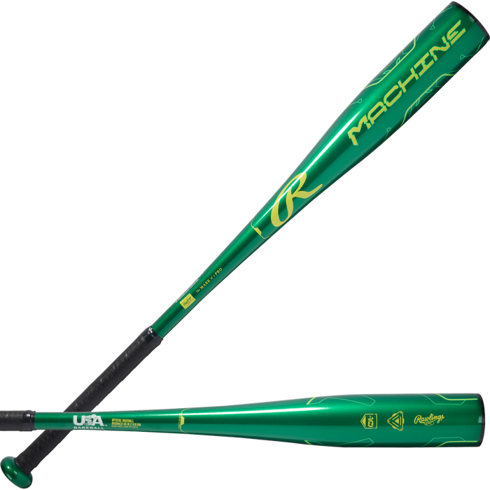 Two views of the 2026 Rawlings Machine (-10) 2 5/8" USA Baseball Bat (RUS6M10), a youth bat crafted from aerospace-grade alloy with a metallic green finish, yellow MACHINE text, USA certification logo, black grip, and Rawlings branding near the handle.