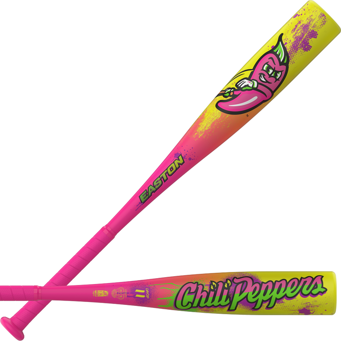 Two vibrant 2027 Easton Cosmic Chili Peppers JBB (-11) USSSA Baseball Bats, each featuring pink handles with striking yellow-to-green gradients. One bat showcases a bold chili pepper graphic, while the other displays the words “Chili Peppers” along with the Easton brand name. Both bats are constructed from durable ALX50 Alloy to deliver outstanding performance on the field.
