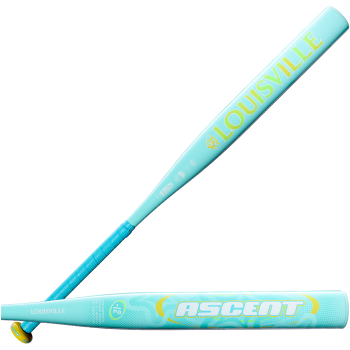 Two teal-colored 2027 Louisville Slugger Ascent (-12) Fastpitch Softball Bats (model WBL4280010) are shown, one positioned parallel and the other at an angle. Both composite bats display “ASCENT” in yellow and white lettering, featuring yellow accents on the handle and knob for a lightweight feel.