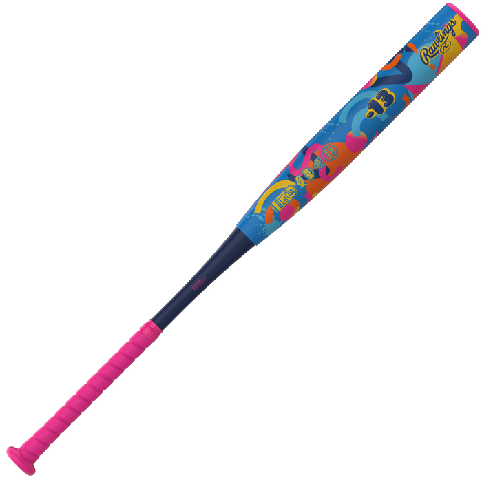 The 2027 Rawlings Kraze (-13) Fastpitch Softball Bat (RFP7KZ13) by Rawlings features a striking pink handle and a lightweight blue aluminum barrel adorned with vibrant, playful graphics and the iconic Rawlings logo. Built with two-piece hybrid technology, this bat offers enhanced performance and durability for fastpitch softball players.