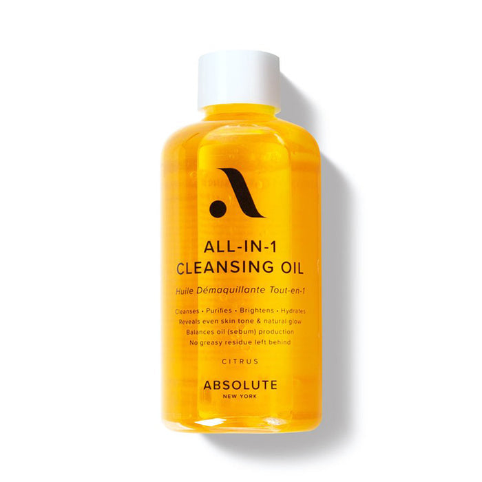 Absolute New York citrus cleansing oil bottle on white background product shot all in one cleansing water