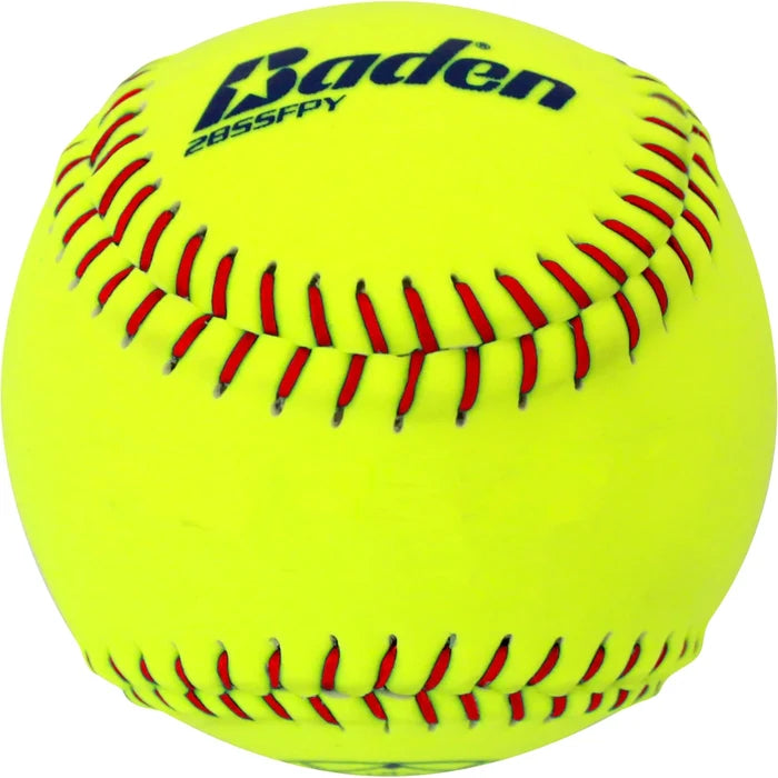 The Baden Practice 12" Composite Fastpitch Softball (2BSSFPY-5002) is a bright optic yellow ball with red stitching and the black Baden logo, ideal for fastpitch softball practice.