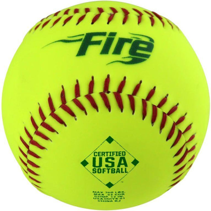 The Baden USA Fire 11" 52/300 Synthetic Slowpitch Softball features a bright yellow cover, red stitching, “Fire” text, a USA Softball certified logo, and a .52 COR marking printed on its surface.