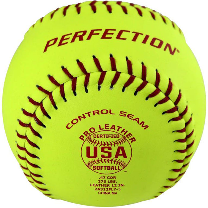 The Baden USA Perfection 11" 47/375 Leather Fastpitch Softball (2A311FLY) features a yellow design, red control seams, and a durable pro leather cover.