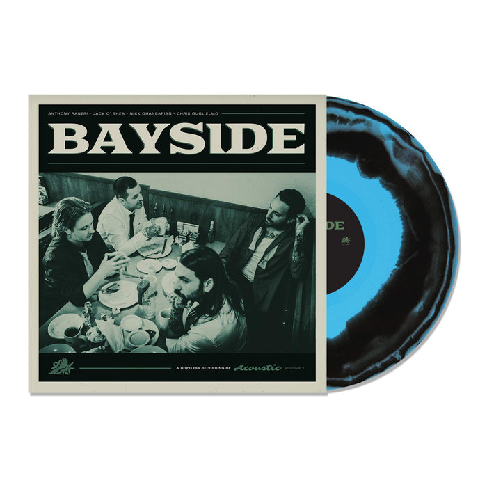 Baysides “Acoustic Volume 3” album features a black-and-white cover of all four band members at a diner booth. The vinyl is black with a bright blue center and includes tracks such as “Sick Sick Sick.”.