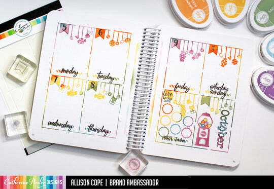 Catherine Pooler - Stencil - Weekly Nine. The Weekly Nine Stencil is a handy grid to cover both weekly layouts as well as other list pages you may need to put together. Available at Embellish Away located in Bowmanville Ontario Canada. Example by Allison Cope