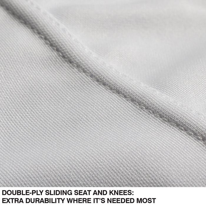 Close-up of light gray, textured pro-weight fabric with a visible seam. Text at the bottom: Champro Sports Youth Triple Crown Knicker Baseball Pants (BP10Y) feature double-ply sliding seat and knees for extra durability where it’s needed most.