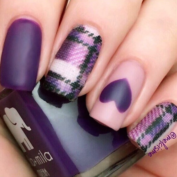 Date Night plum nail polish with pink plaid and heart nail art