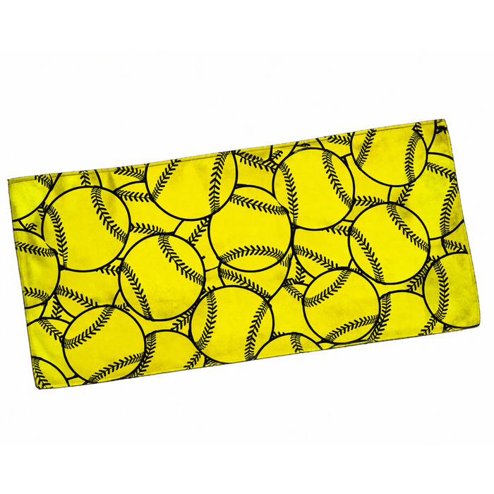 The Diamond Sport Gear DSG Sublimated Cooling Towel is a rectangular workout towel featuring a dye sublimated pattern of overlapping yellow softballs with black stitching on a white background.