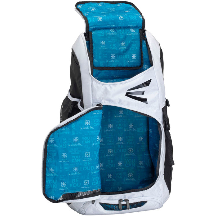 The Easton Jen Schro Catcher's Backpack (8073091 JSCATBP) in white and black features a bright blue interior with motivational text and symbols, plus multiple compartments and zippers for easy catcher’s gear organization.