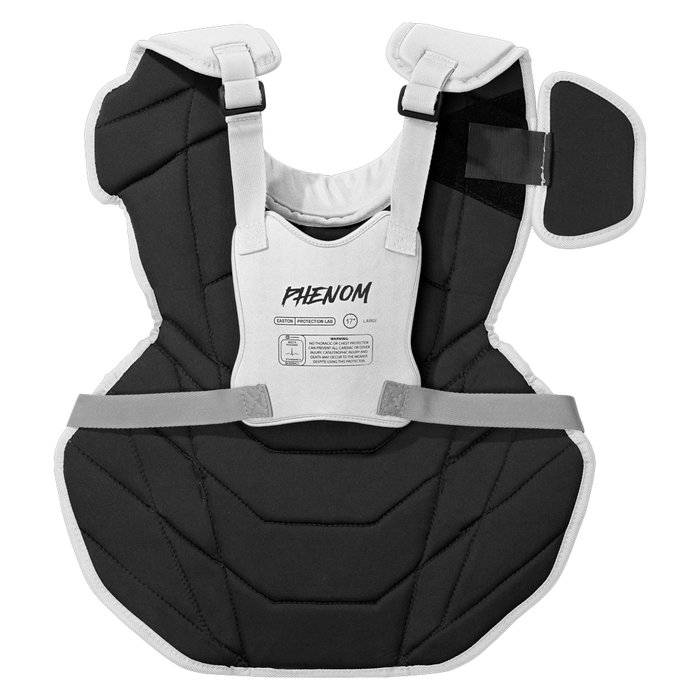 Here’s a rewritten version using your product data: The Easton Phenom Catcher’s Chest Protector (PHENOMCP) by Easton features black and white padded construction with “PHENOM” labeling, tailored for sports and martial arts. It includes adjustable shoulder and waist straps, ensuring a secure fit. Ideal as a catcher’s chest protector or for anyone seeking premium baseball protective gear, the Easton Phenom delivers exceptional comfort and durability.