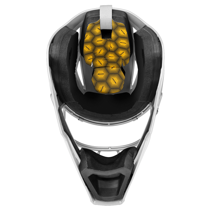 Top view of the Easton Phenom Catcher’s Helmet: PHENOMCH by Easton, highlighting the interior padding with black foam and a distinct yellow honeycomb-patterned section at the crown for enhanced protection—an essential feature of this high-performance baseball catcher’s gear.