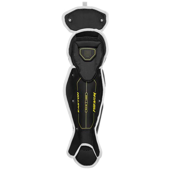 Black and yellow Easton Phenom Catcher’s Leg Guards (PHENOMLG) with padded interior, featuring advanced knee padding; side view displays their protective design and materials against a white background.