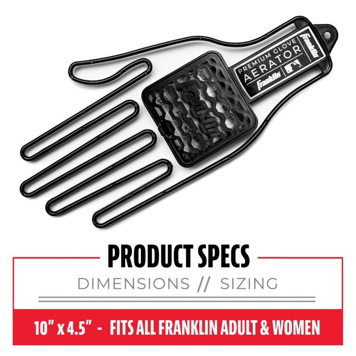 The Franklin MLB Glove Aerator: 2357 is a black, glove-shaped wire aerator with a rectangular vented pad for moisture control, sized 10 x 4.5 inches, and is labeled for use with Franklin adult and women’s gloves.