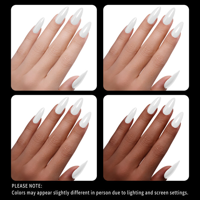 Four images of hands with white nail polish on a white background, showing color variation.