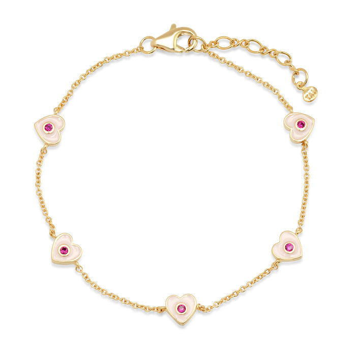 Gold link bracelet featuring multiple heart-shaped enamel charms with purple accents