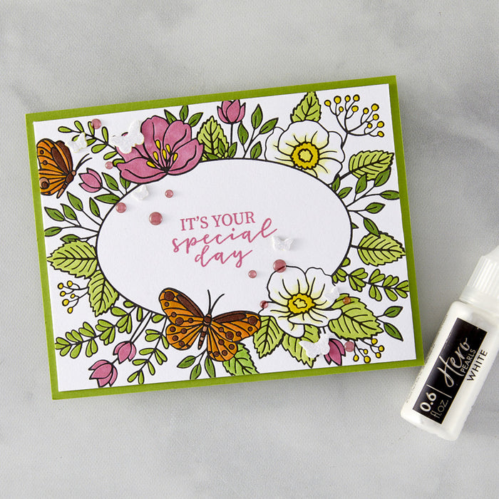 Hero Arts - Letterpress + Foil Plate - Floral Frame. Available at Embellish Away located in Bowmanville Ontario Canada. Card example by brand ambassador.