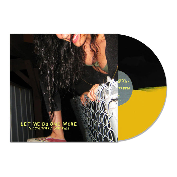 Vinyl Album cover for Illuminati Hotties "Let Me Do One More". Shows woman leaping fence with a smile with Band & Album name at the bottom. Vinyl is Black & Yellow Split.