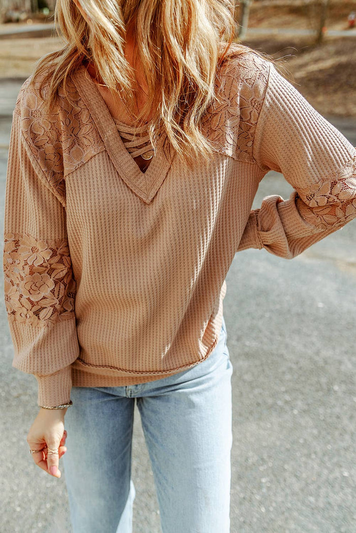 Lace waffle patchwork long sleeve top by Little Daisy Closet featuring textured fabric and stylish design.