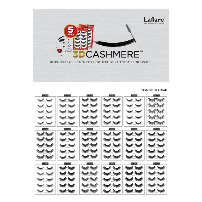 LAFLARE 3D cashmere eyelashes value pack display sheet showing 18 styles and 5 pair packaging
