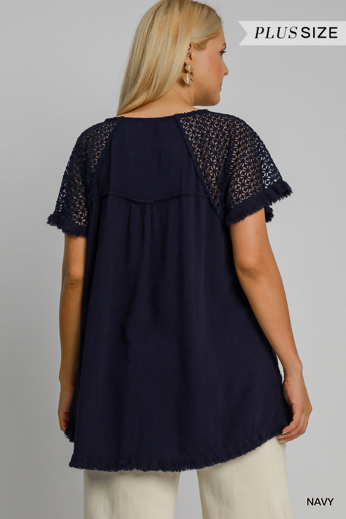 Linen Blend Floral Crochet Detailed Short Sleeve Round Neck Top with Fringed Hem