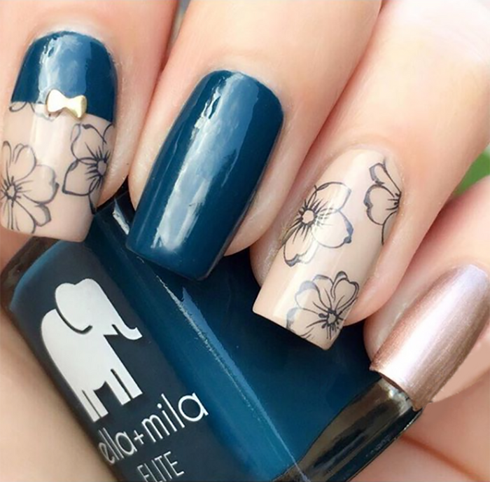 Mediterranean Mist dark teal nail polish with floral and bow accent nail art
