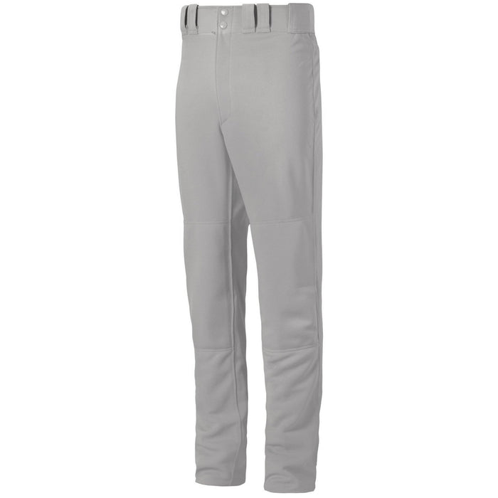The Mizuno Youth Premier Pro G2 Open Bottom Baseball Pants (350389) in light gray feature belt loops, a button closure, double knee construction for durability, and a straight-leg fit, shown on a plain white background.