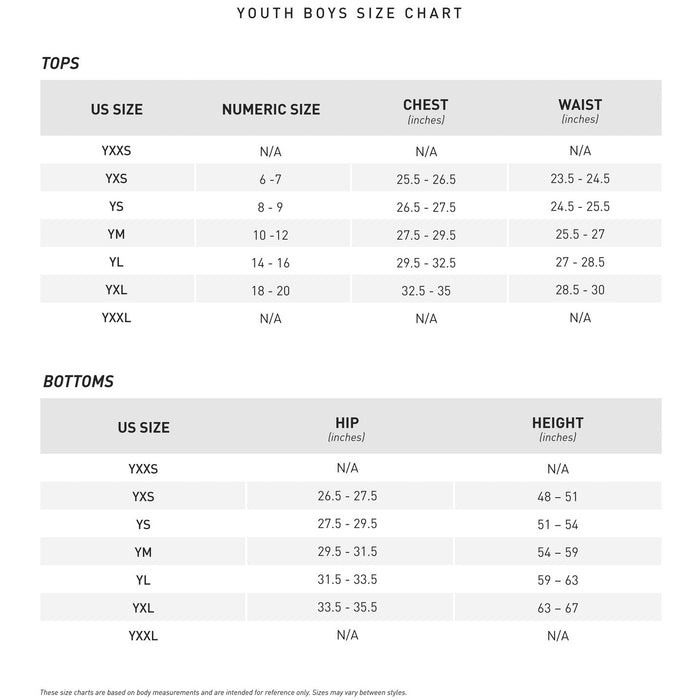 Youth boys size chart for tops and Mizuno Youth Premier Short Knicker Baseball Pants: 350312 shows size, numeric size, chest, waist, hip, and height in inches for YXXS—YXXL; some measurements are listed as N/A.