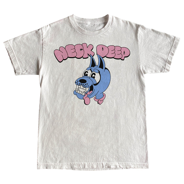 Neck Deep white t-shirt featuring a cartoon blue dog with pink heart feet and a big grin under bubbly pink Neck Deep text, printed on premium NextLevel fabric.
