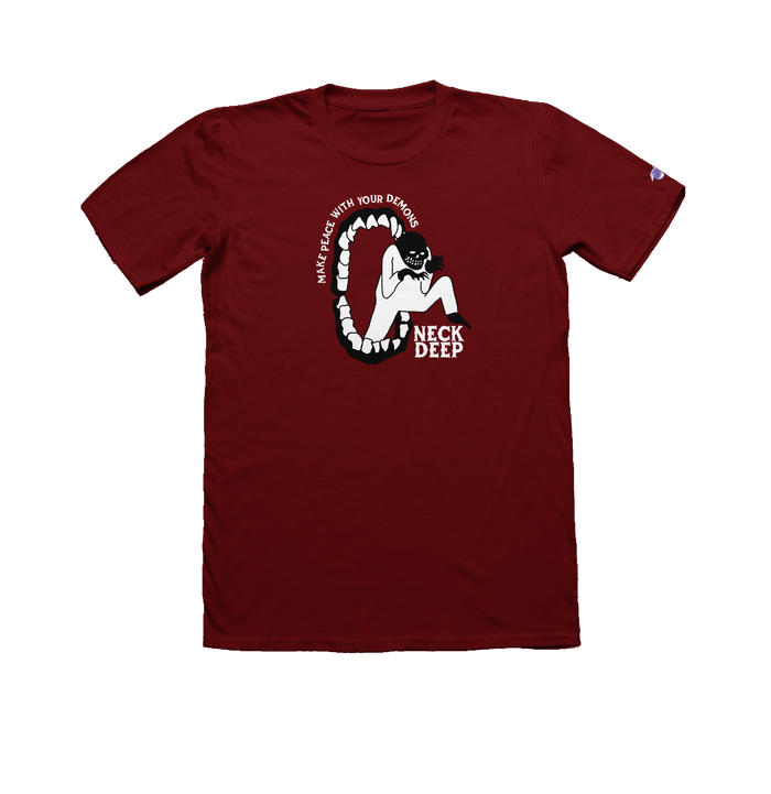 A maroon Neck Deep Gildan Hammer t-shirt featuring a Peace Demons design: a masked figure in an open mouth with sharp teeth, MAKE PEACE WITH YOUR DEMONS above and NECK DEEP below the image.