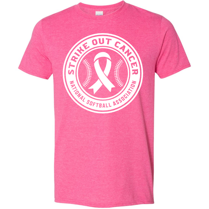 The DSG Apparel NSA Strike Out Cancer Softstyle Short Sleeve Shirt features a pink design with a white circular logo, pink ribbon, and softball stitching—ideal for supporting Breast Cancer Awareness events.