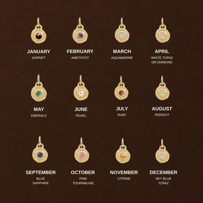 A brown informational chart showing twelve gold pendant charms arranged in a 3x4 grid, each labeled with a month and gemstone name such as garnet, amethyst, aquamarine, white topaz or diamond, emerald, pearl, ruby, peridot, blue sapphire, pink tourmaline, citrine, and sky blue topaz.