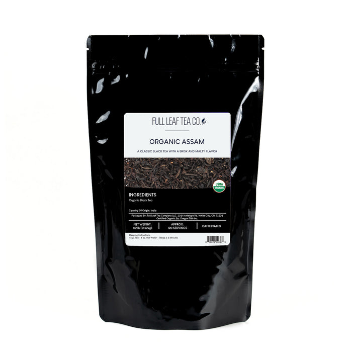 A 1/2 pound bag of Full Leaf Tea Company Organic Assam Loose Leaf Tea.