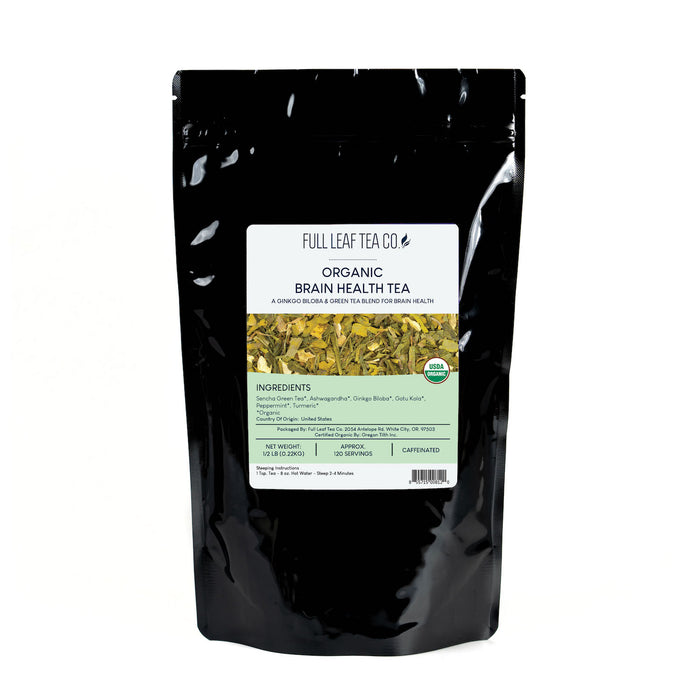 A 1/2 pound bag of Full Leaf Tea Company Organic Brain Health Loose Leaf Tea.