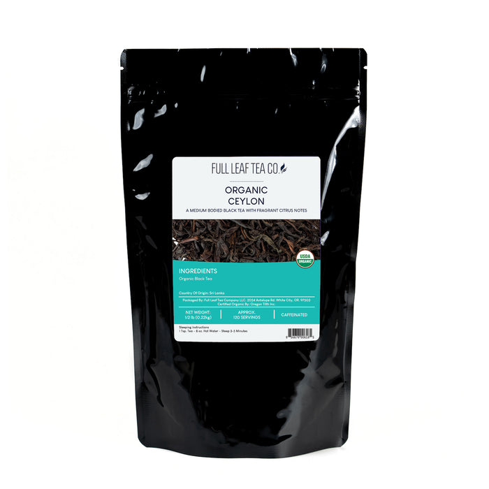 A 1/2 pound bag of Full Leaf Tea Company Organic Ceylon Loose Leaf Tea.