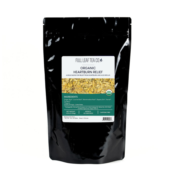 A 1/2 pound bag of Full Leaf Tea Company Organic Heartburn Relief Loose Leaf Tea.