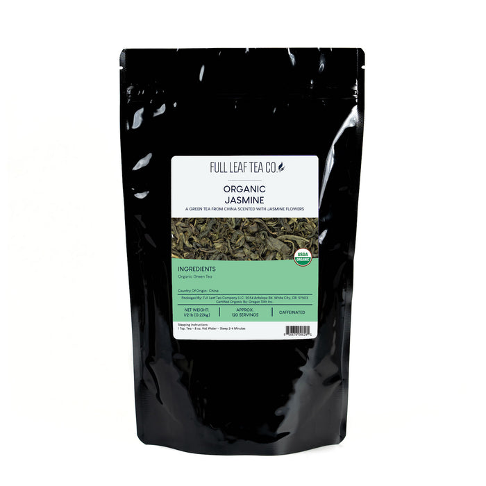 A 1/2 pound bag of Full Leaf Tea Company Organic Jasmine Loose Leaf Tea.