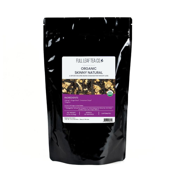 A 1/2 pound bag of Full Leaf Tea Company Organic Skinny Natural Loose Leaf Tea.
