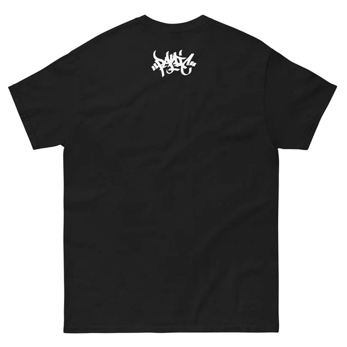 Back side of Panic 39 brand "tag" t shirt in all black with a small panic tag by the neck.
