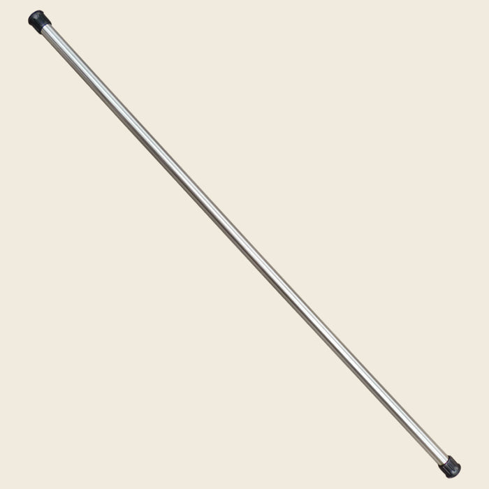 Gratz Pilates 60-inch Twist Pole in chrome with black rubber end caps, shown diagonally.
