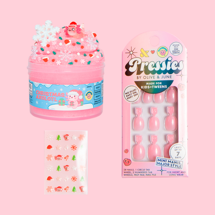 Press & Play Slime + Nail Set with pink slime, festive nail art stickers, and kid-friendly press-on nails for fun manicures